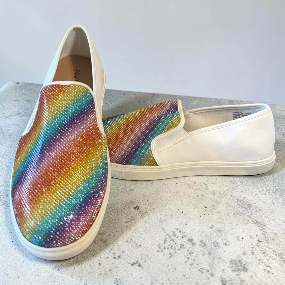 Torrid 13WW Wide Width Rhinestone Pride Sparkle Rainbow Slip On Shoes New Punk